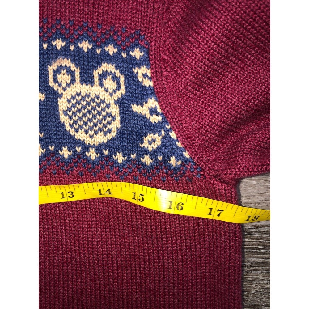 Vtg Y2K Disney Mickey Mouse Fair Isle Sweater Women's  S Burgundy Cable Sleeve‎ - Picture 7 of 8
